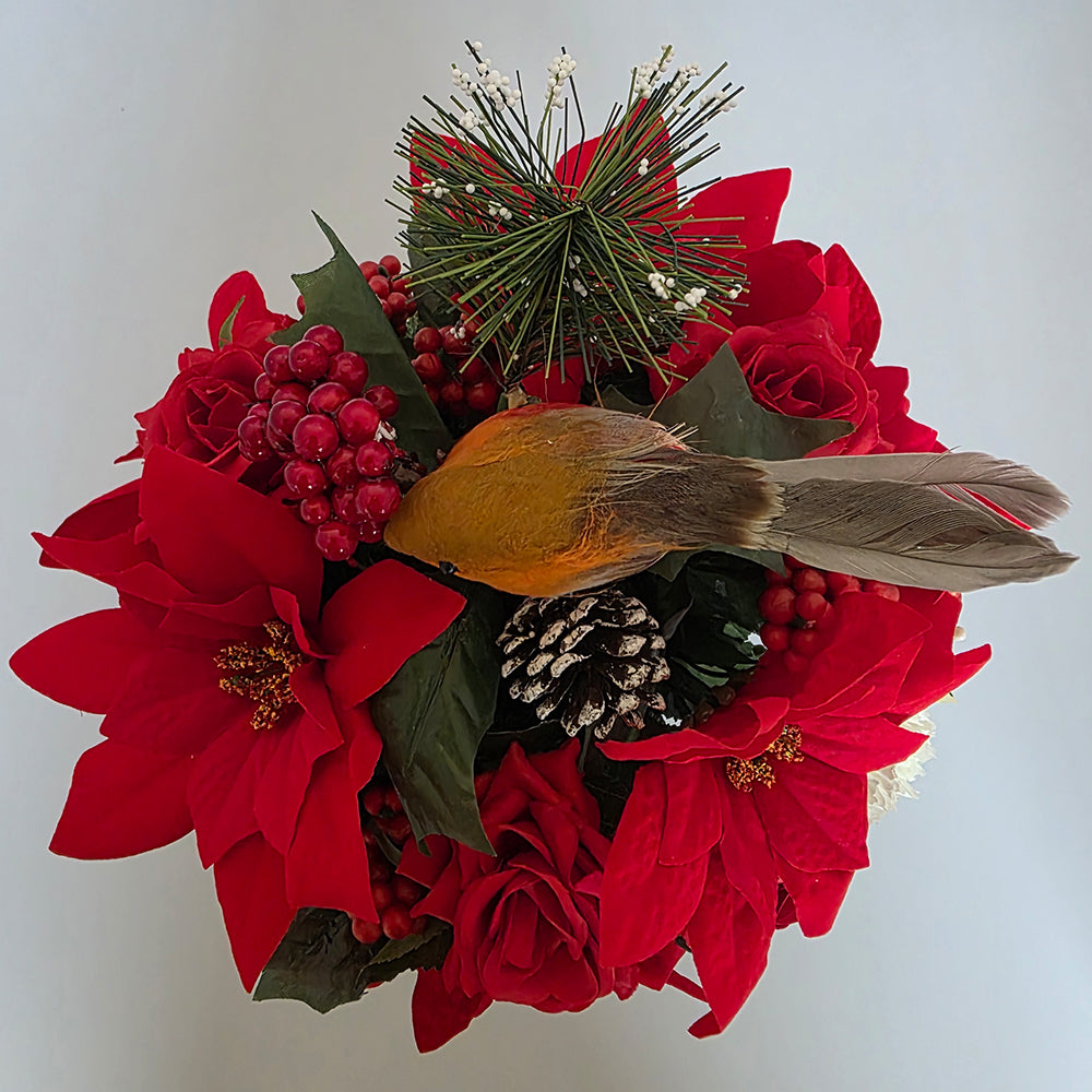 Christmas Grave Memorial Pot With Artificial Red Poinsettia and Rose with Robin