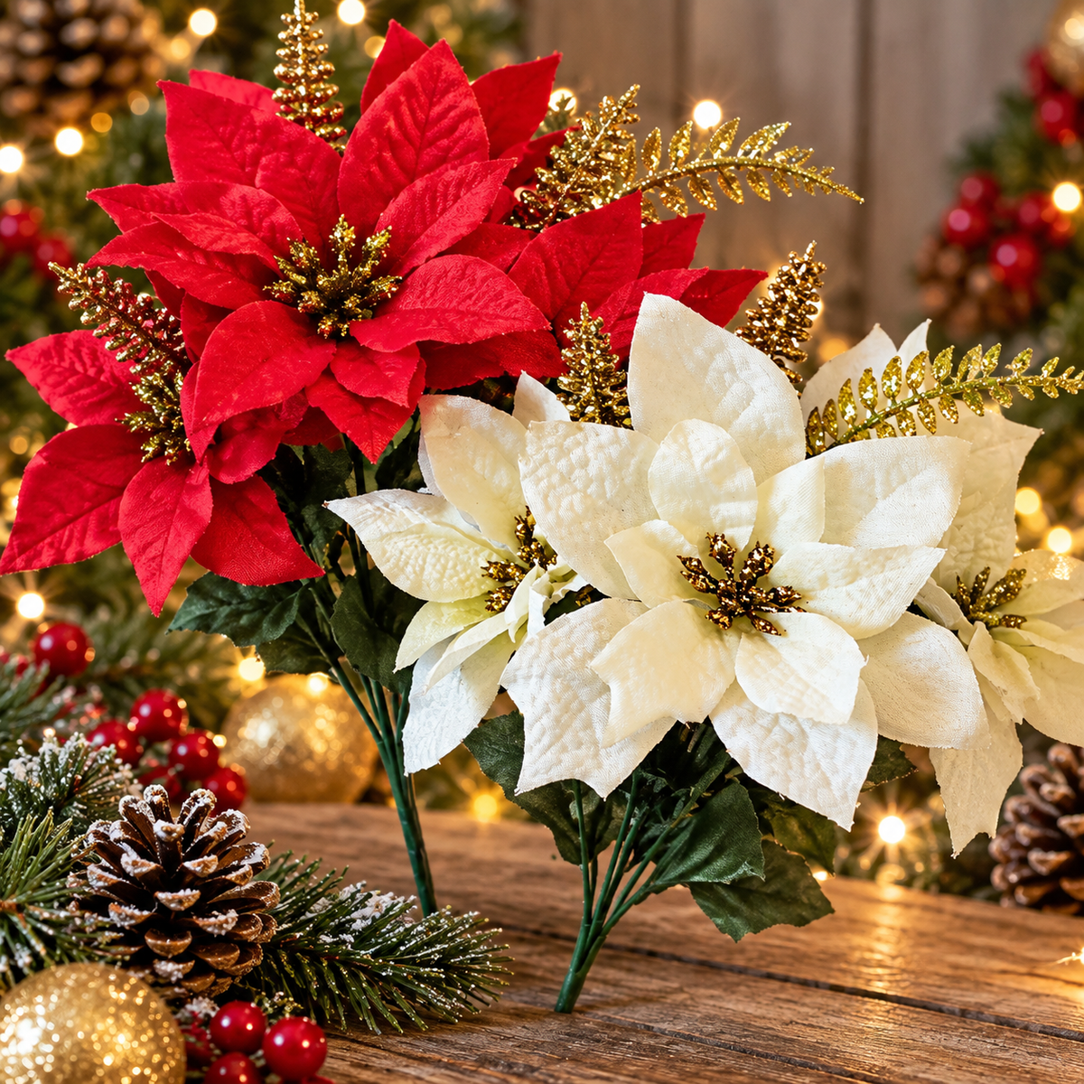 Red and ivory gold sparkle artificial poinsettia Christmas flowers