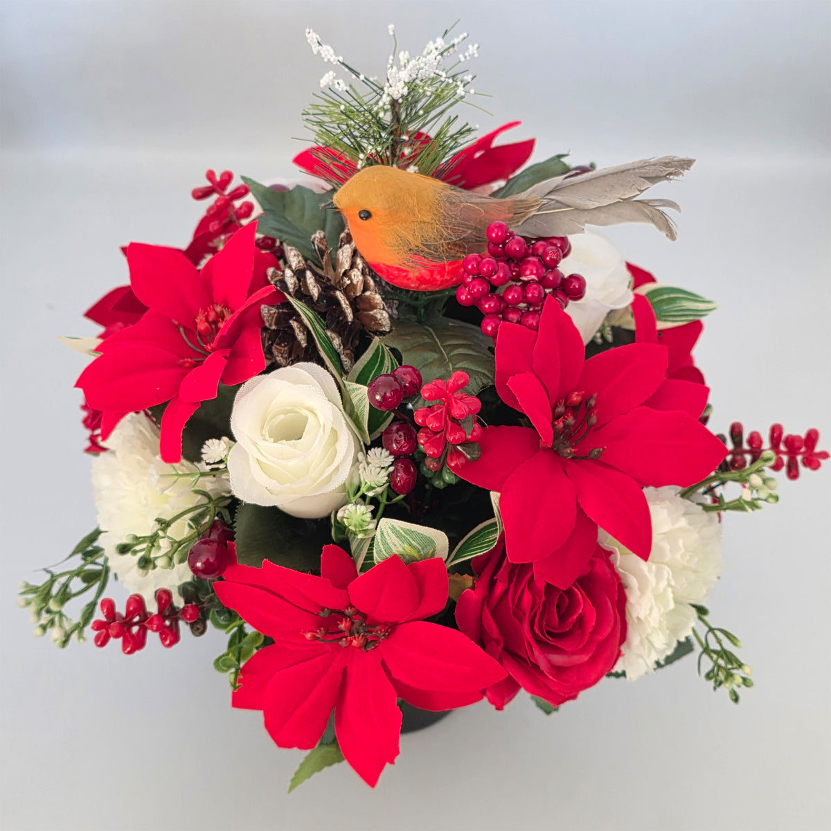 Christmas Grave Memorial Pot Artificial Flowers / Poinsettias / Rose & Robin