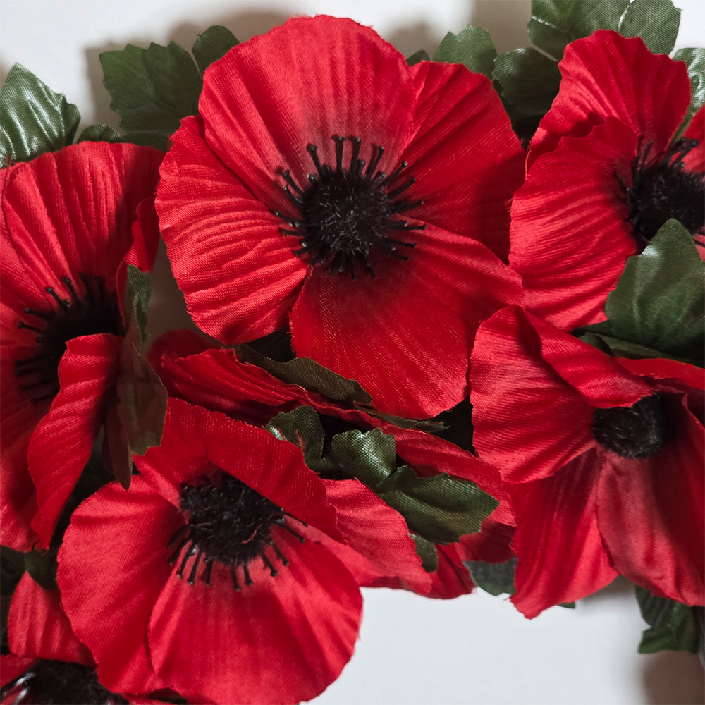 Artificial Red Poppy Wreath with Leaves