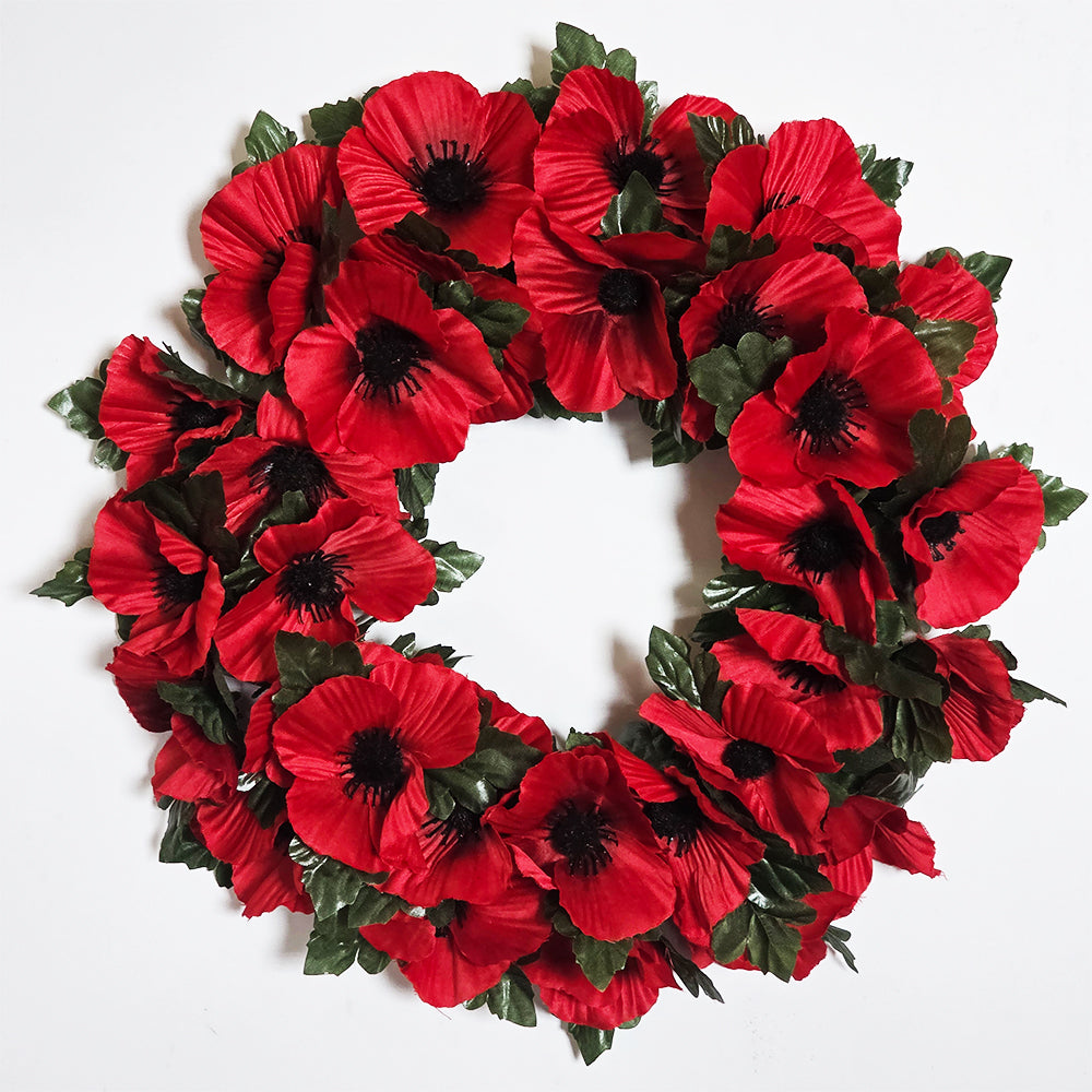 Artificial Red Poppy Wreath with Leaves