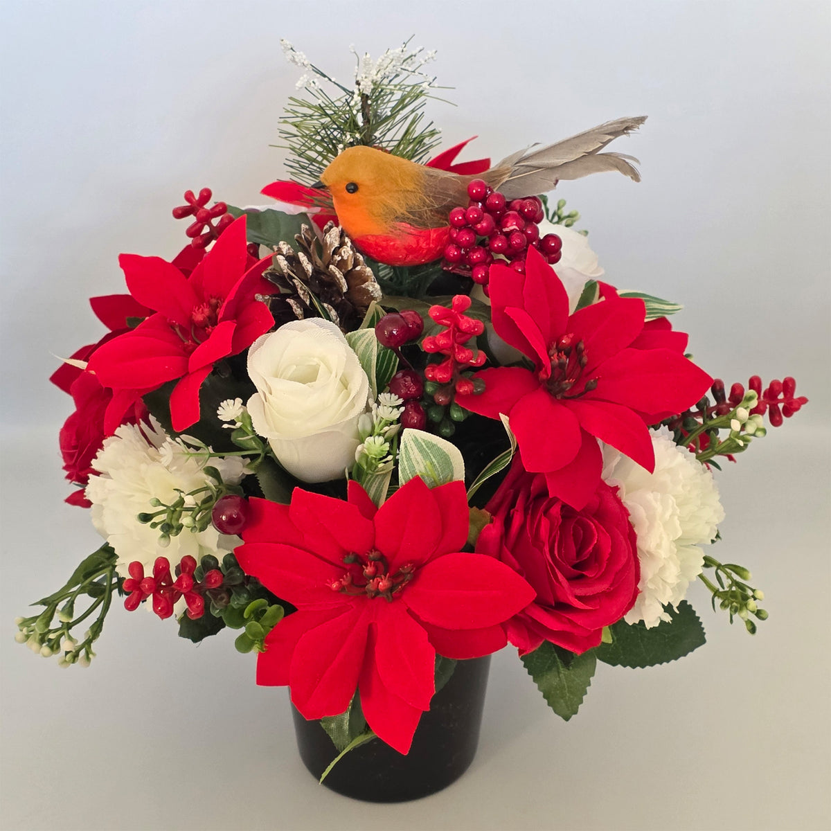 Christmas Grave Memorial Pot Artificial Flowers / Poinsettias / Rose & Robin