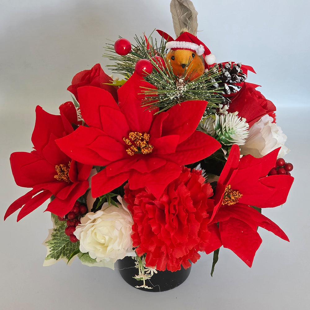 Christmas Grave Memorial Pot With Artificial Red Poinsettia and Rose Robin with a Hat