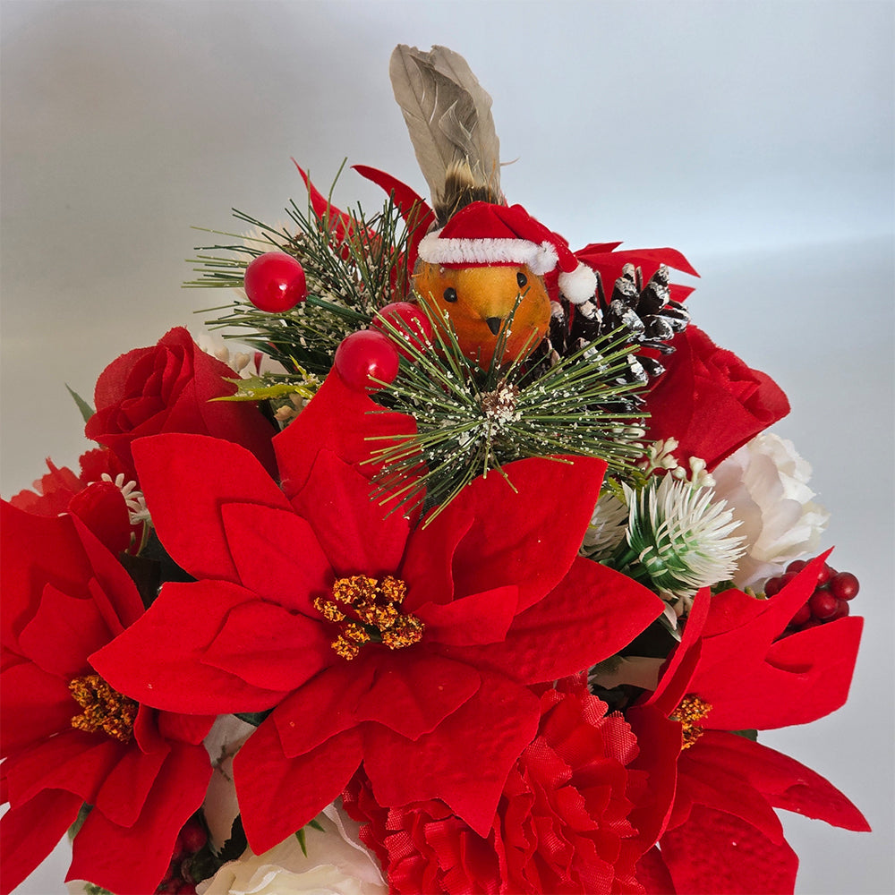 Christmas Grave Memorial Pot With Artificial Red Poinsettia and Rose Robin with a Hat