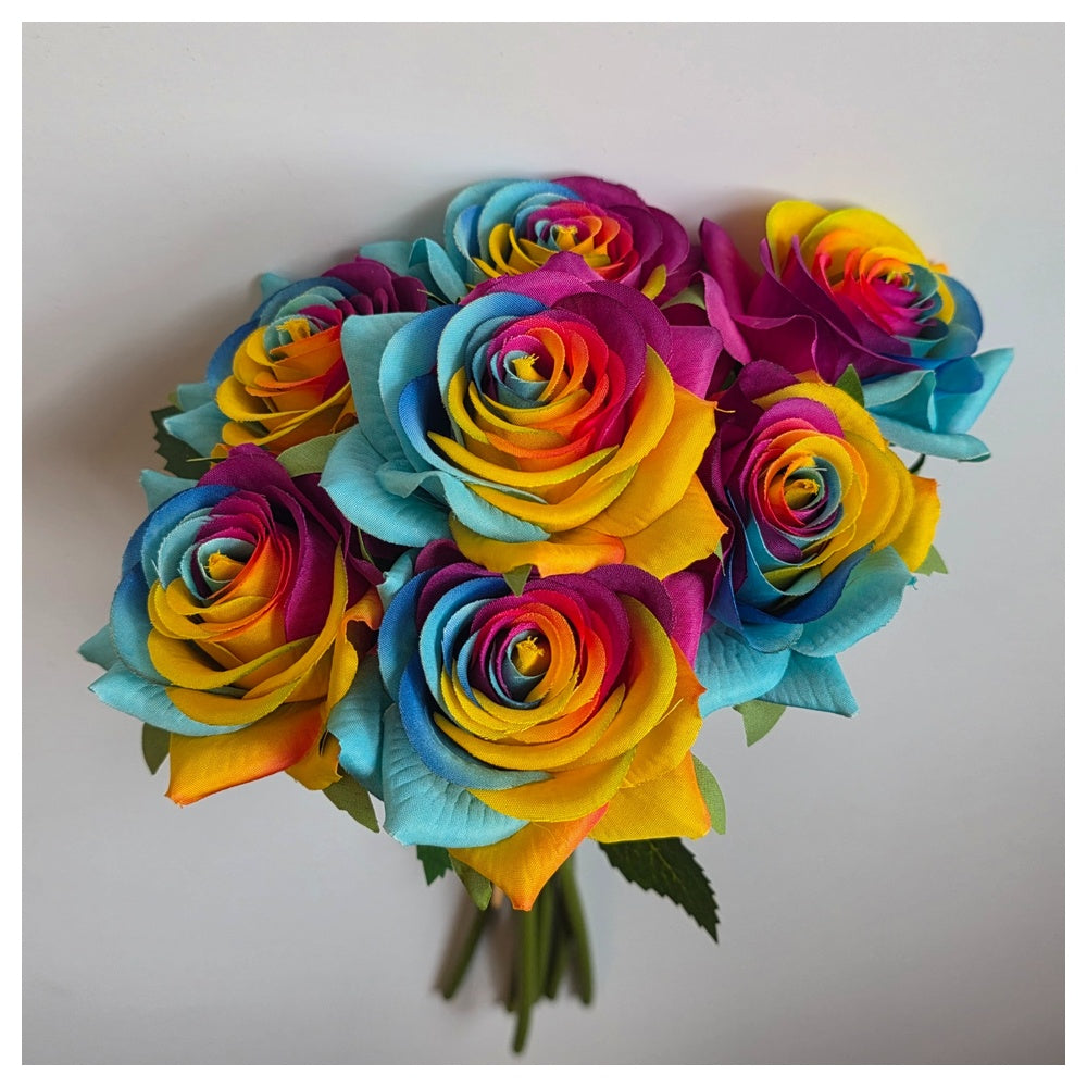 35cm Fresh Touch Diamond Rainbow Rose Bundle - 7 Heads