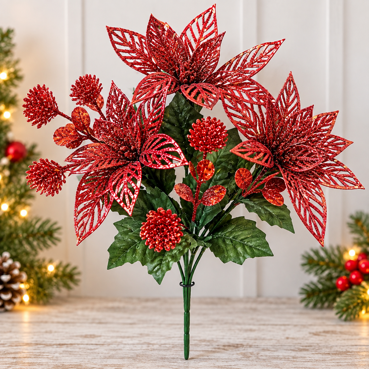 Red glitter artificial Christmas flower bunch