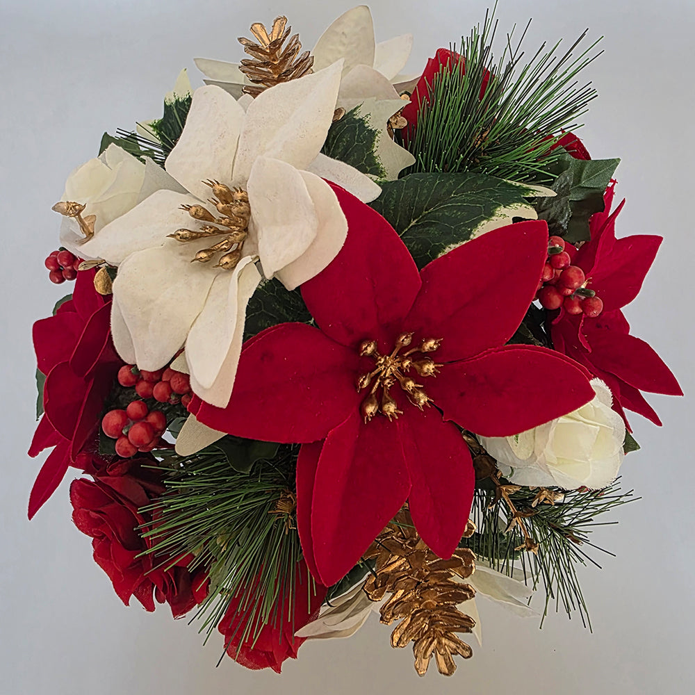 Christmas Grave Memorial Pot With Artificial Poinsettias Rose and Fern