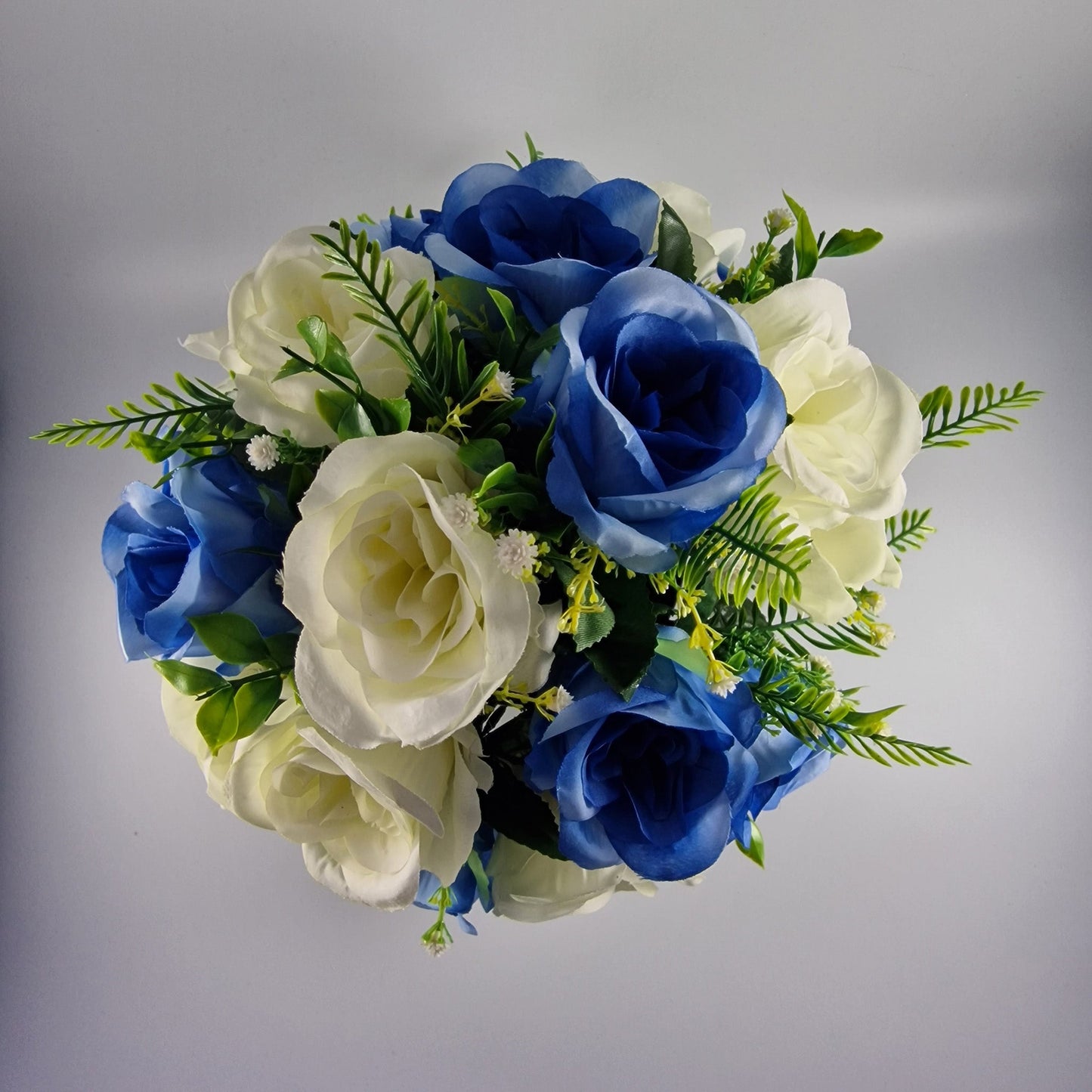 Artificial Silk Flower Arrangement Blue Open Rose Grave pot. Memorial Tribute - Amor Flowers