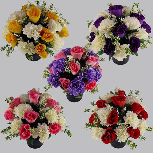 Artificial Silk Flower Arrangement Carnations and Roses Grave Pot. Memorial Tribute - Amor Flowers
