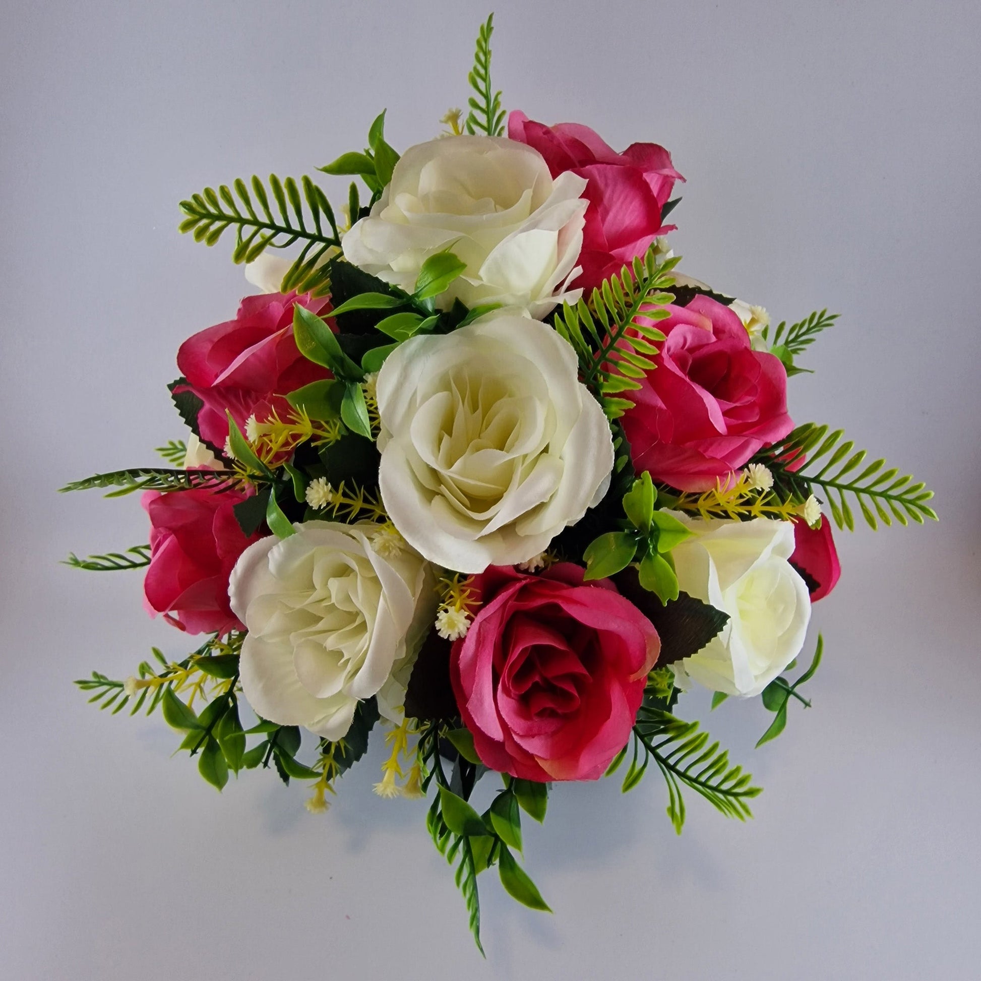 Artificial Silk Flower Arrangement Cerise Open Rose Grave pot. Memorial Tribute - Amor Flowers