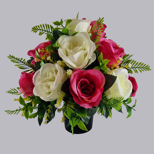 Artificial Silk Flower Arrangement Cerise Open Rose Grave pot. Memorial Tribute - Amor Flowers