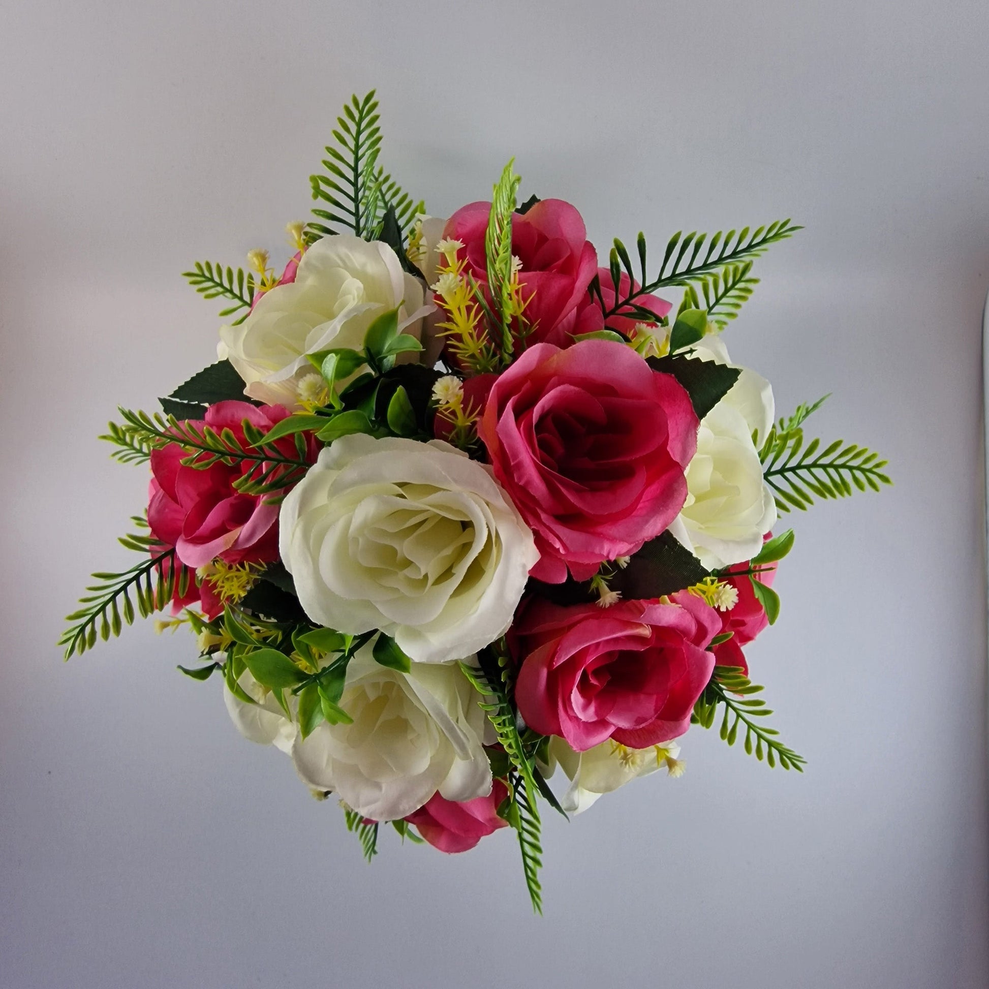 Artificial Silk Flower Arrangement Cerise Open Rose Grave pot. Memorial Tribute - Amor Flowers
