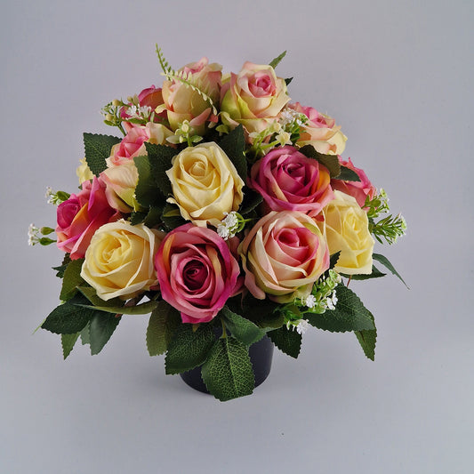 Artificial Silk Flower Arrangement Open Rose Pink & Cream Mix Grave Pot. Memorial Tribute - Amor Flowers