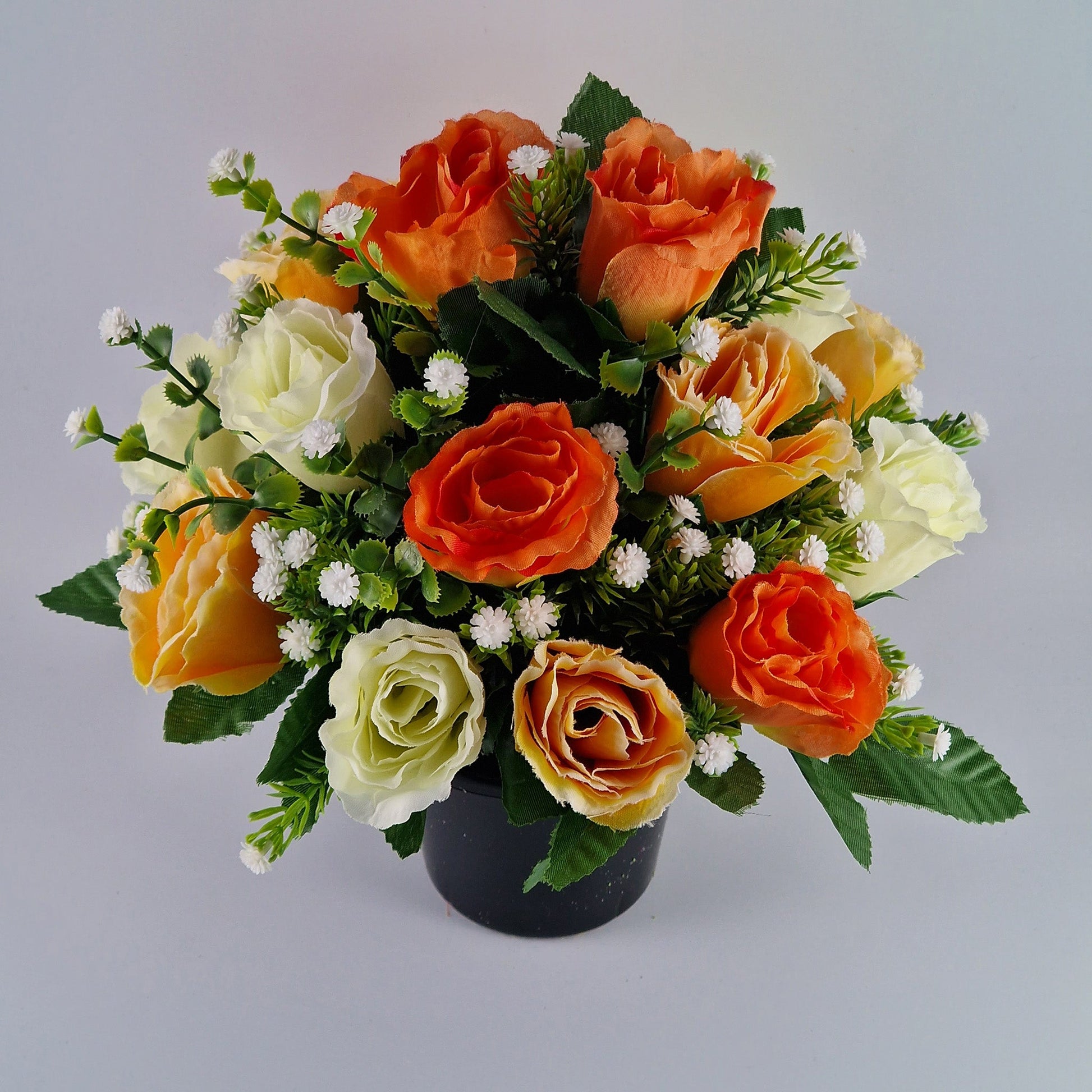 Artificial Silk Flower Arrangement Orange Crinkle Rose Bud Mix Grave Pot. Memorial Tribute - Amor Flowers