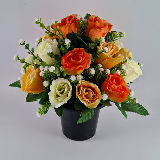 Artificial Silk Flower Arrangement Orange Crinkle Rose Bud Mix Grave Pot. Memorial Tribute - Amor Flowers