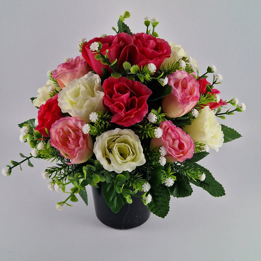Artificial Silk Flower Arrangement Pink Crinkle Rose Bud Mix Grave Pot. Memorial Tribute - Amor Flowers
