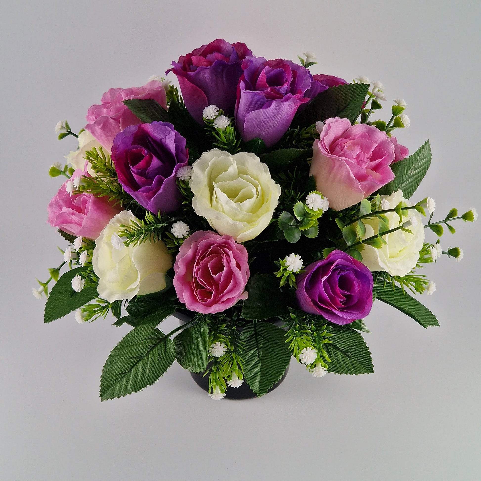 Artificial Silk Flower Arrangement Purple Crinkle Rose Bud Mix Grave Pot. Memorial Tribute - Amor Flowers
