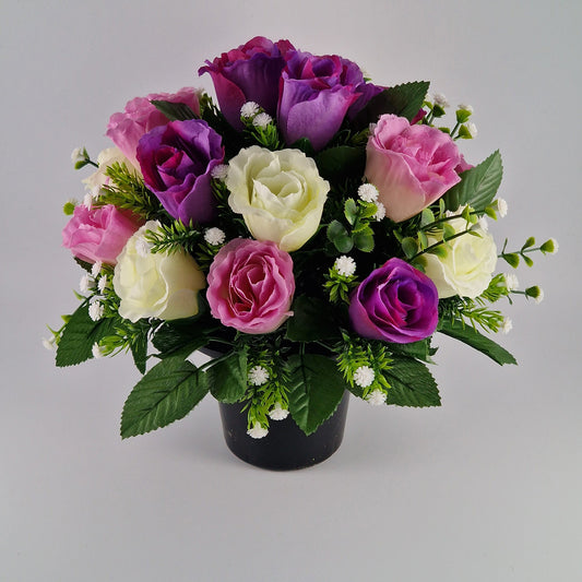 Artificial Silk Flower Arrangement Purple Crinkle Rose Bud Mix Grave Pot. Memorial Tribute - Amor Flowers