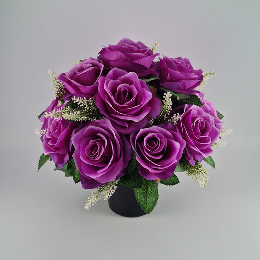 Artificial Silk Flower Arrangement Purple Open Rose Grave Pot. Memorial Tribute - Amor Flowers