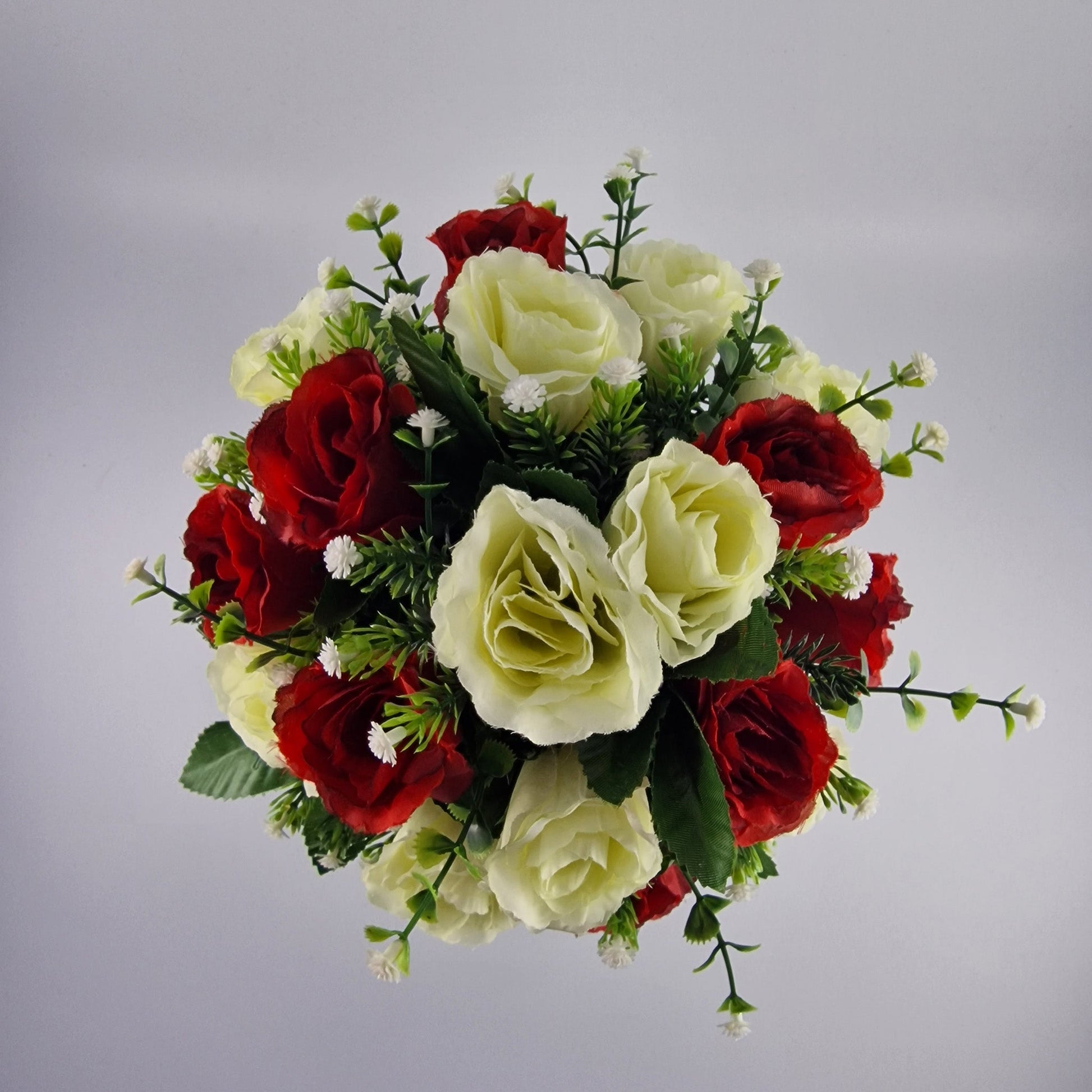 Artificial Silk Flower Arrangement Red And Ivory Crinkle Rose Bud Mix Grave Pot. Memorial Tribute - Amor Flowers