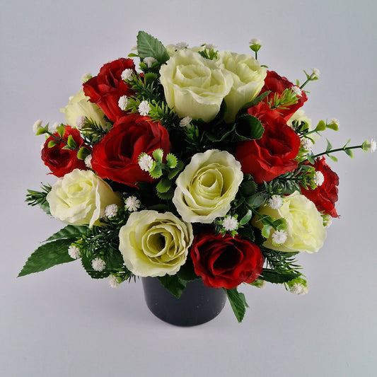 Artificial Silk Flower Arrangement Red And Ivory Crinkle Rose Bud Mix Grave Pot. Memorial Tribute - Amor Flowers