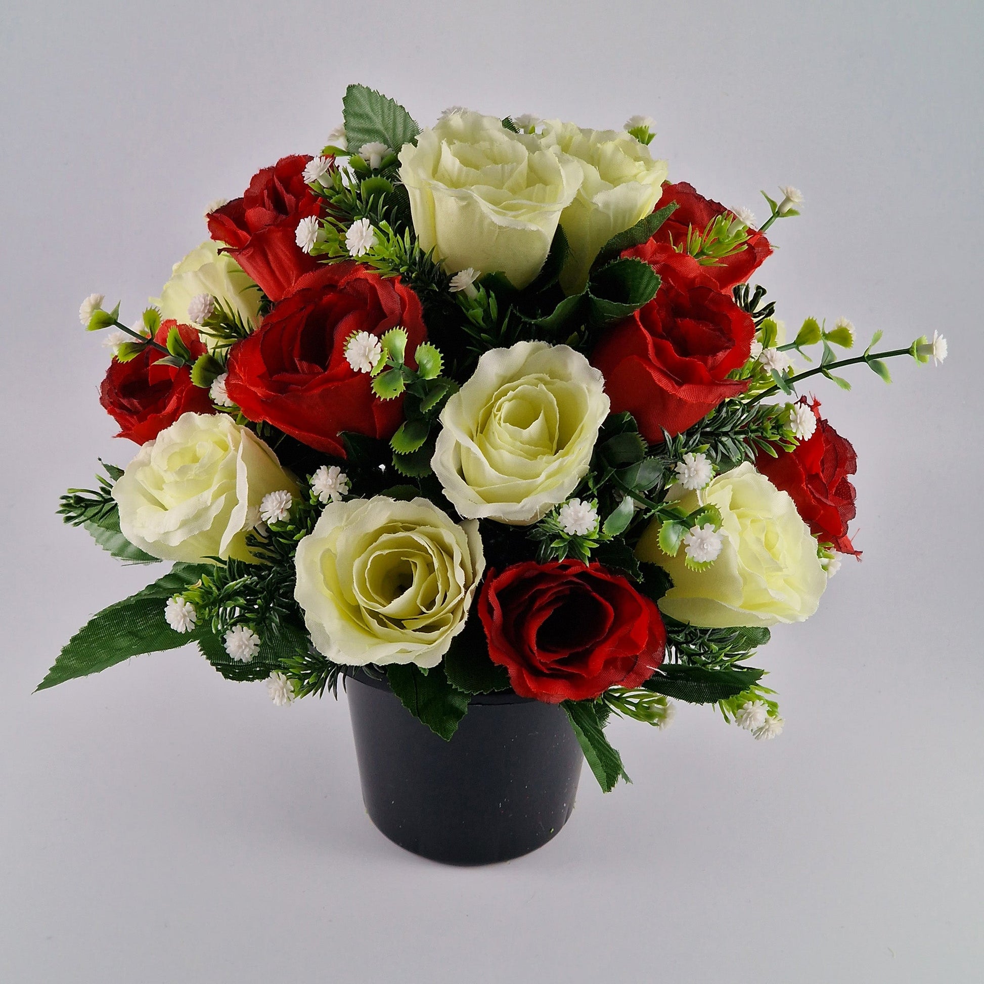 Artificial Silk Flower Arrangement Red And Ivory Crinkle Rose Bud Mix Grave Pot. Memorial Tribute - Amor Flowers