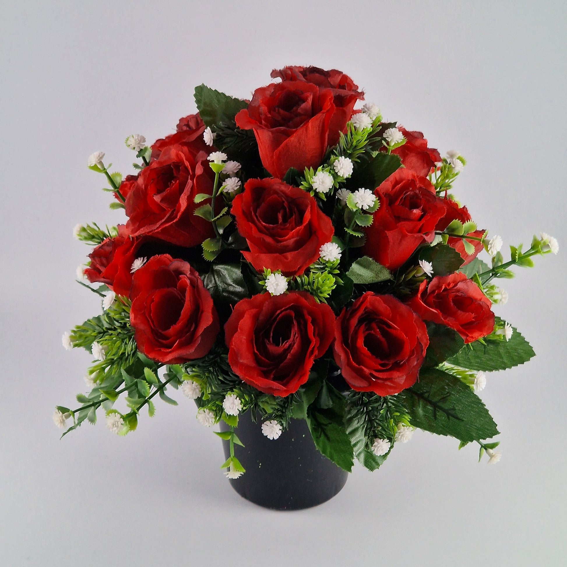 Artificial Silk Flower Arrangement Red Crinkle Rose Bud Mix Grave Pot. Memorial Tribute - Amor Flowers