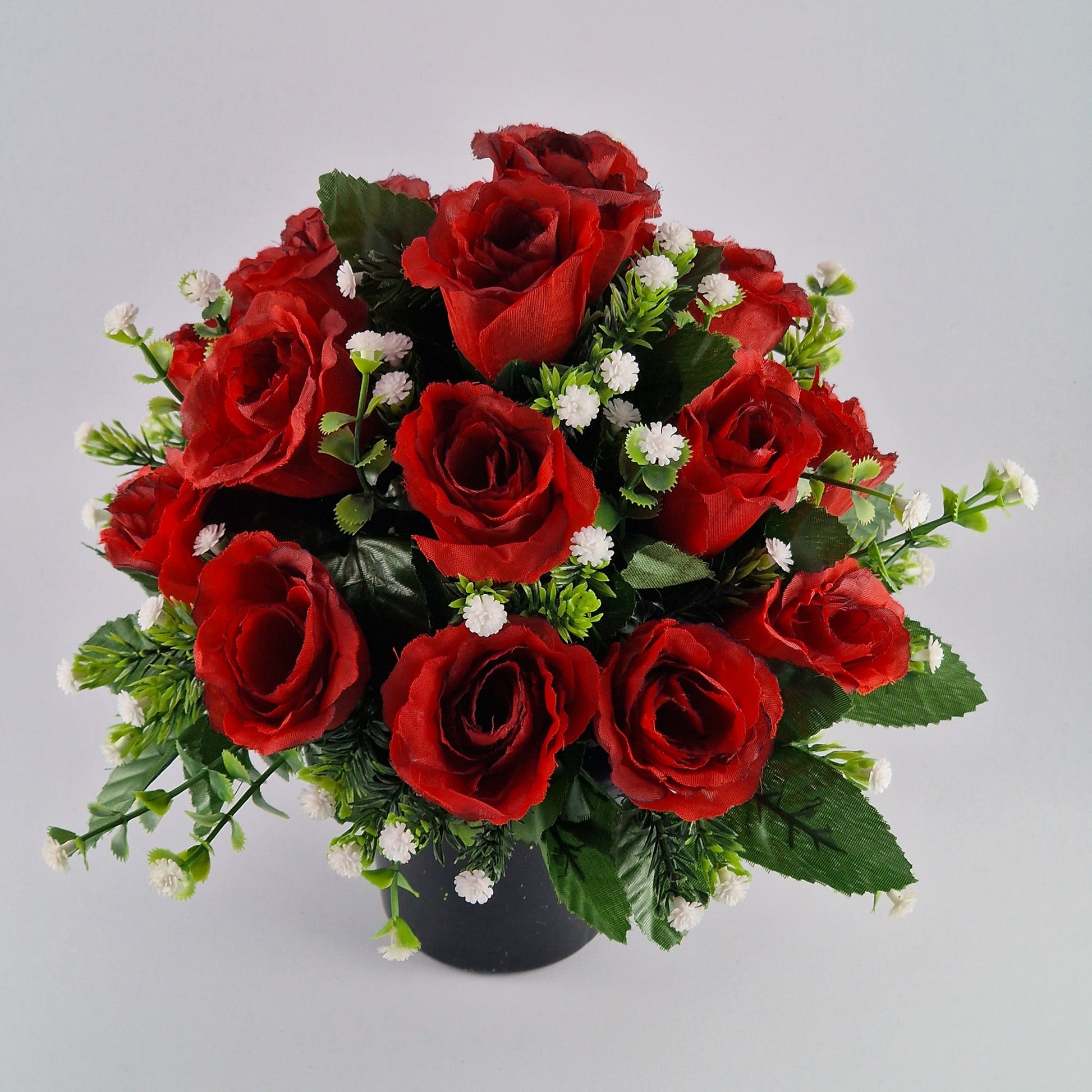 Artificial Silk Flower Arrangement Red Crinkle Rose Bud Mix Grave Pot. Memorial Tribute - Amor Flowers
