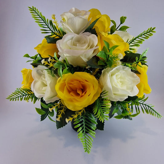 Artificial Silk Flower Arrangement Yellow Open Rose Grave pot. Memorial Tribute - Amor Flowers
