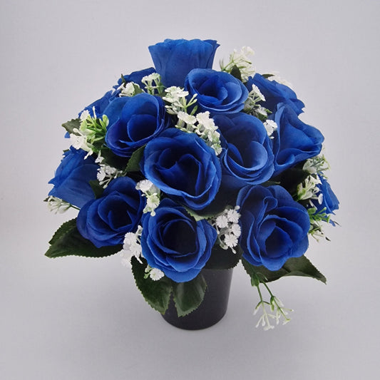 Artificial Silk flower Grave Arrangement in Memorial Crem pot - 24 Blue Rose Heads - Amor Flowers