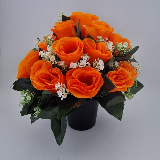 Artificial Silk flower Grave Arrangement in Memorial Crem pot - 24 Orange Rose Heads - Amor Flowers