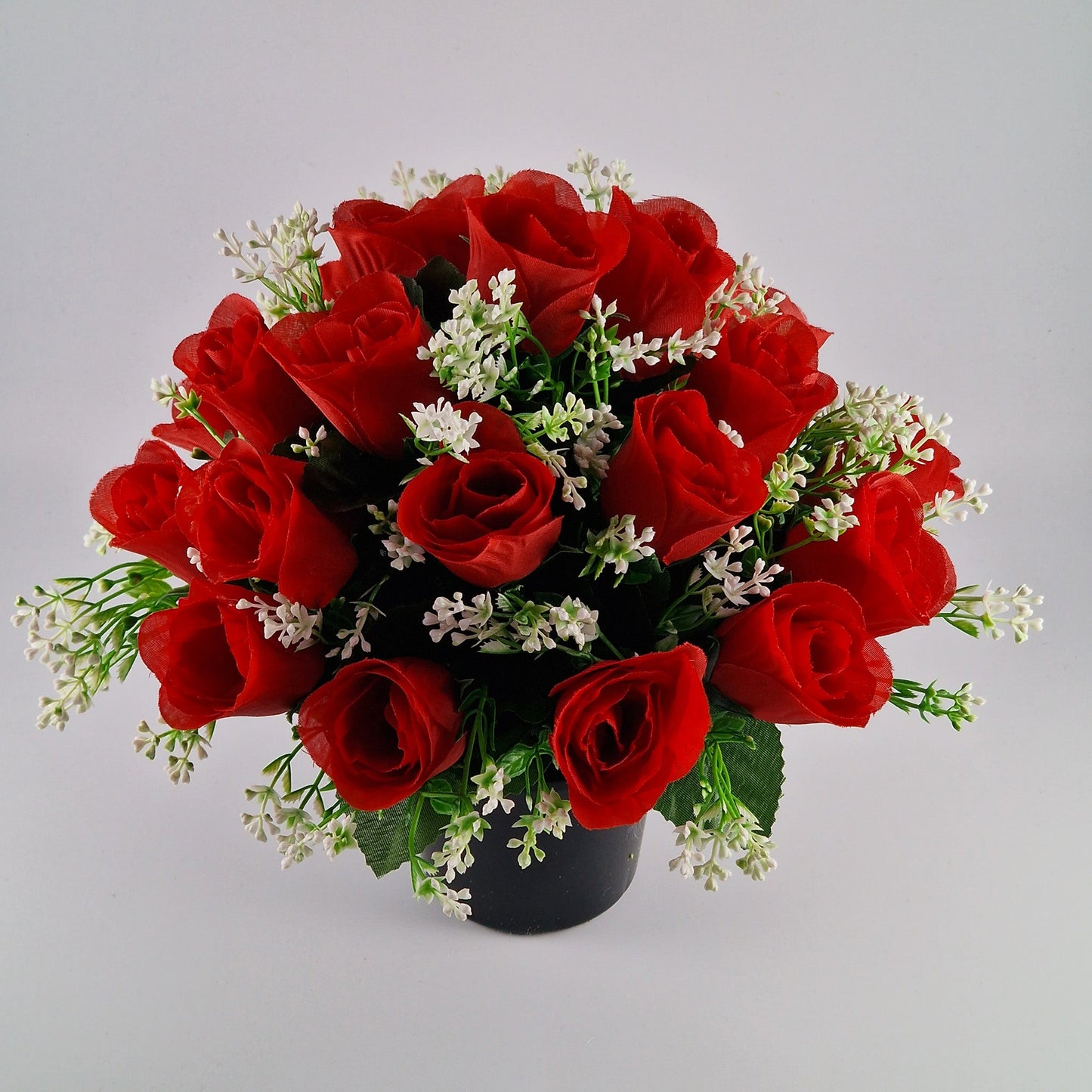 Artificial Silk flower Grave Arrangement in Memorial Crem pot - 24 Red Roses - Amor Flowers