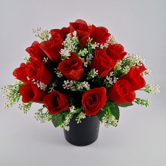 Artificial Silk flower Grave Arrangement in Memorial Crem pot - 24 Red Roses - Amor Flowers