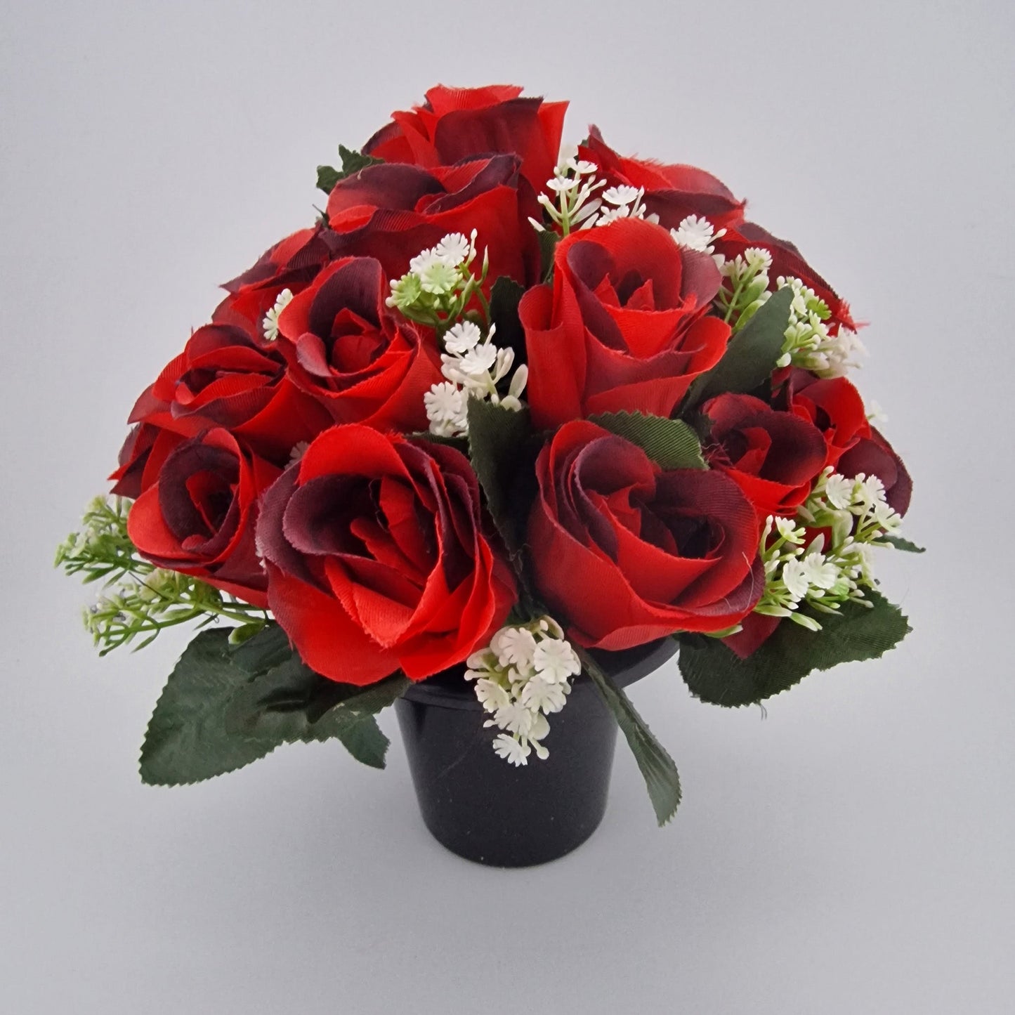 Artificial Silk flower Grave Arrangement in Memorial Crem pot - 24 Rose Heads - Amor Flowers