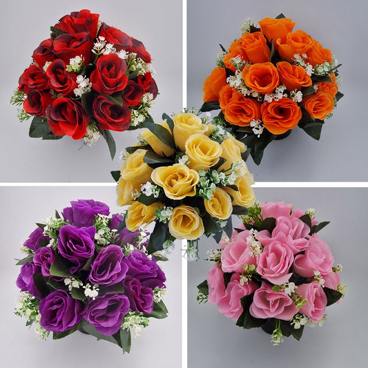 Artificial Silk flower Grave Arrangement in Memorial Crem pot - 24 Rose Heads - Amor Flowers