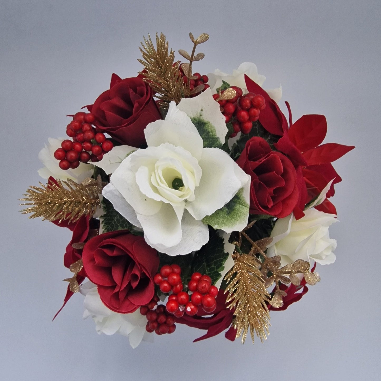 Christmas Grave Memorial Pot Arrangement With Poinsettias & Roses & Berry - Amor Flowers