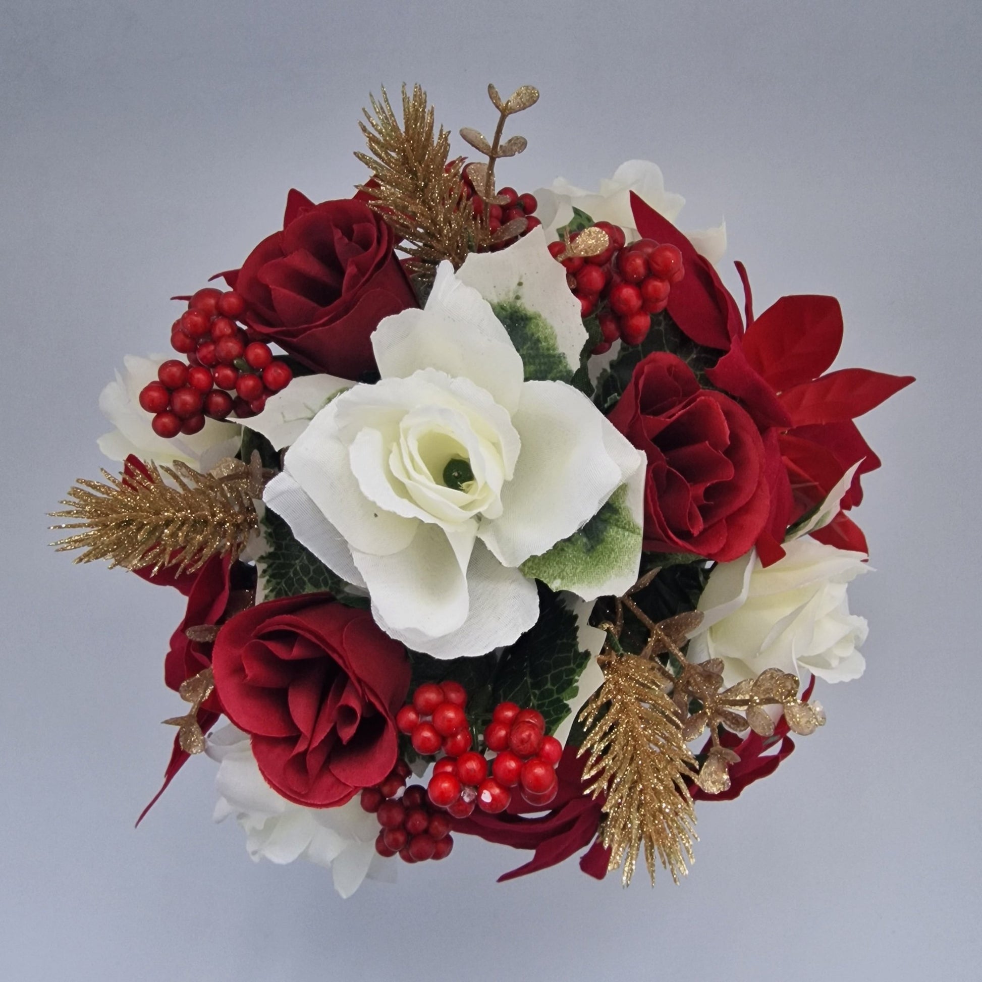 Christmas Grave Memorial Pot Arrangement With Poinsettias & Roses & Berry - Amor Flowers