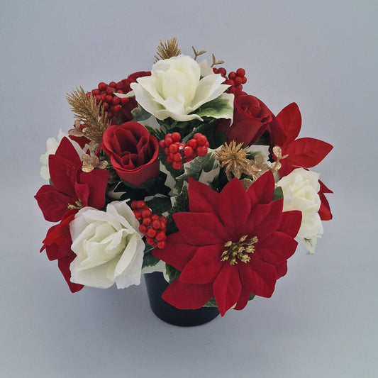 Christmas Grave Memorial Pot Arrangement With Poinsettias & Roses & Berry - Amor Flowers