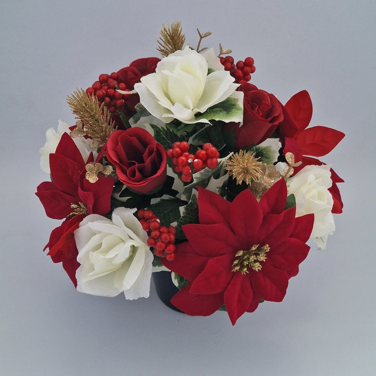 Christmas Grave Memorial Pot Arrangement With Poinsettias & Roses & Berry - Amor Flowers