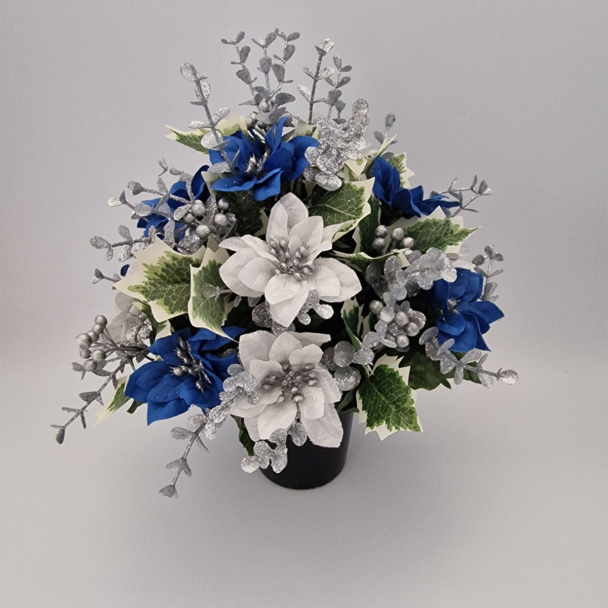 Christmas Grave Memorial Pot With Artificial Mini Poinsettias and Eucalyptus - Amor Flowers