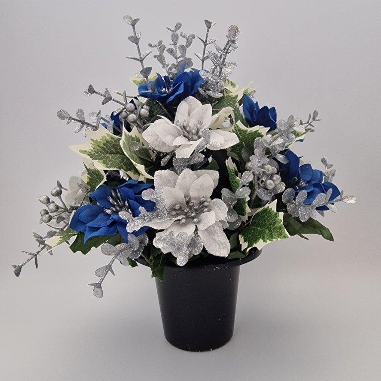 Christmas Grave Memorial Pot With Artificial Mini Poinsettias and Eucalyptus - Amor Flowers