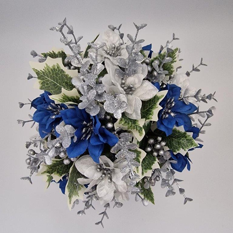 Christmas Grave Memorial Pot With Artificial Mini Poinsettias and Eucalyptus - Amor Flowers