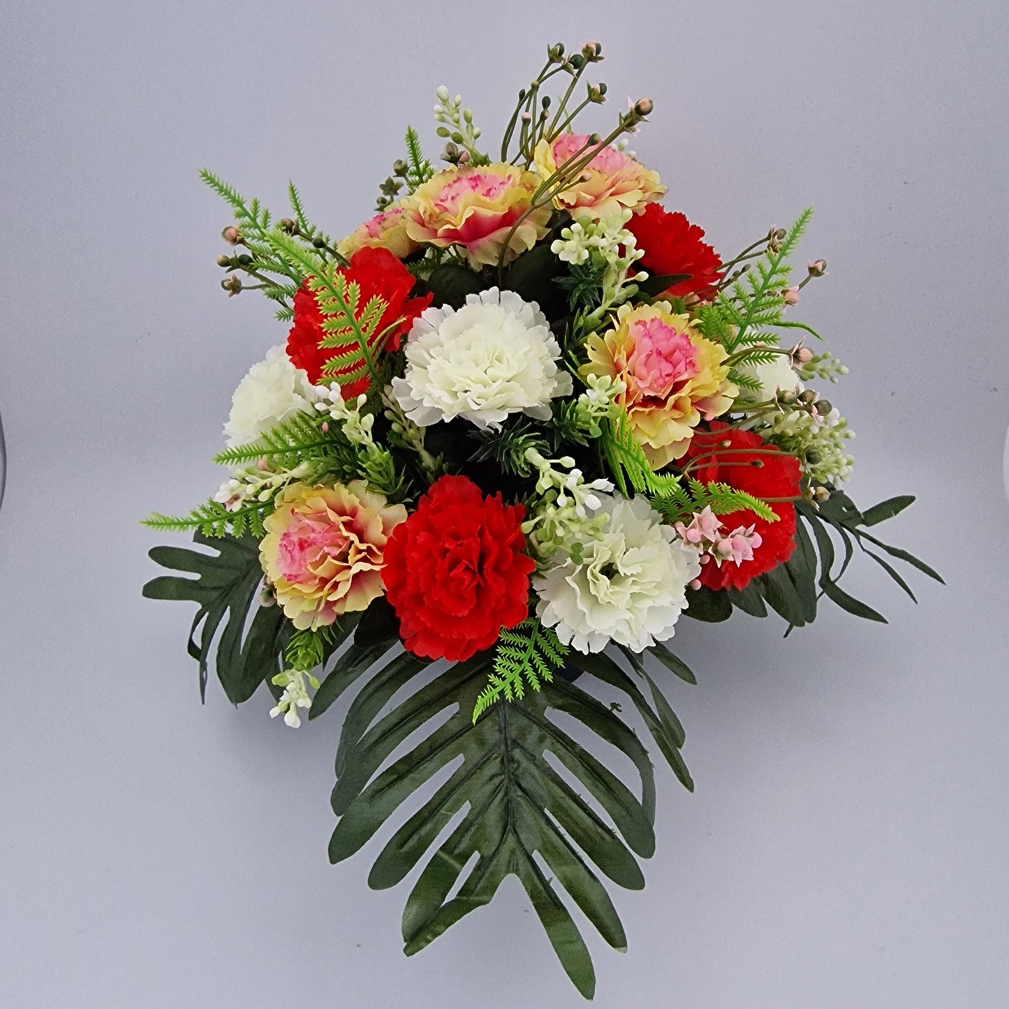 Grave Memorial Pot With Carnation with Fern & Berries Grave Arrangement Red - Amor Flowers