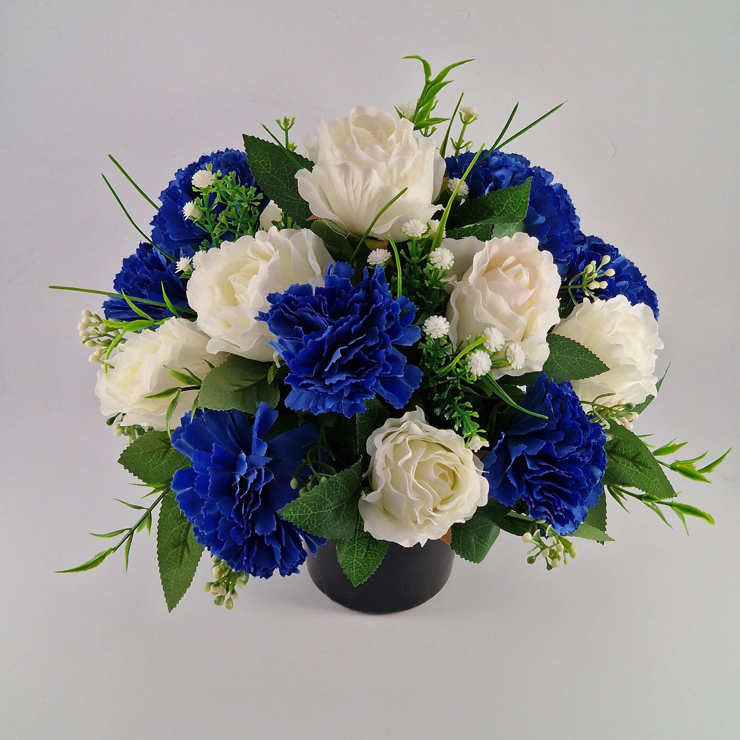 Grave Pot With Artificial Crinkle Rose an Carnation Memorial Pot- Blue & White - Amor Flowers