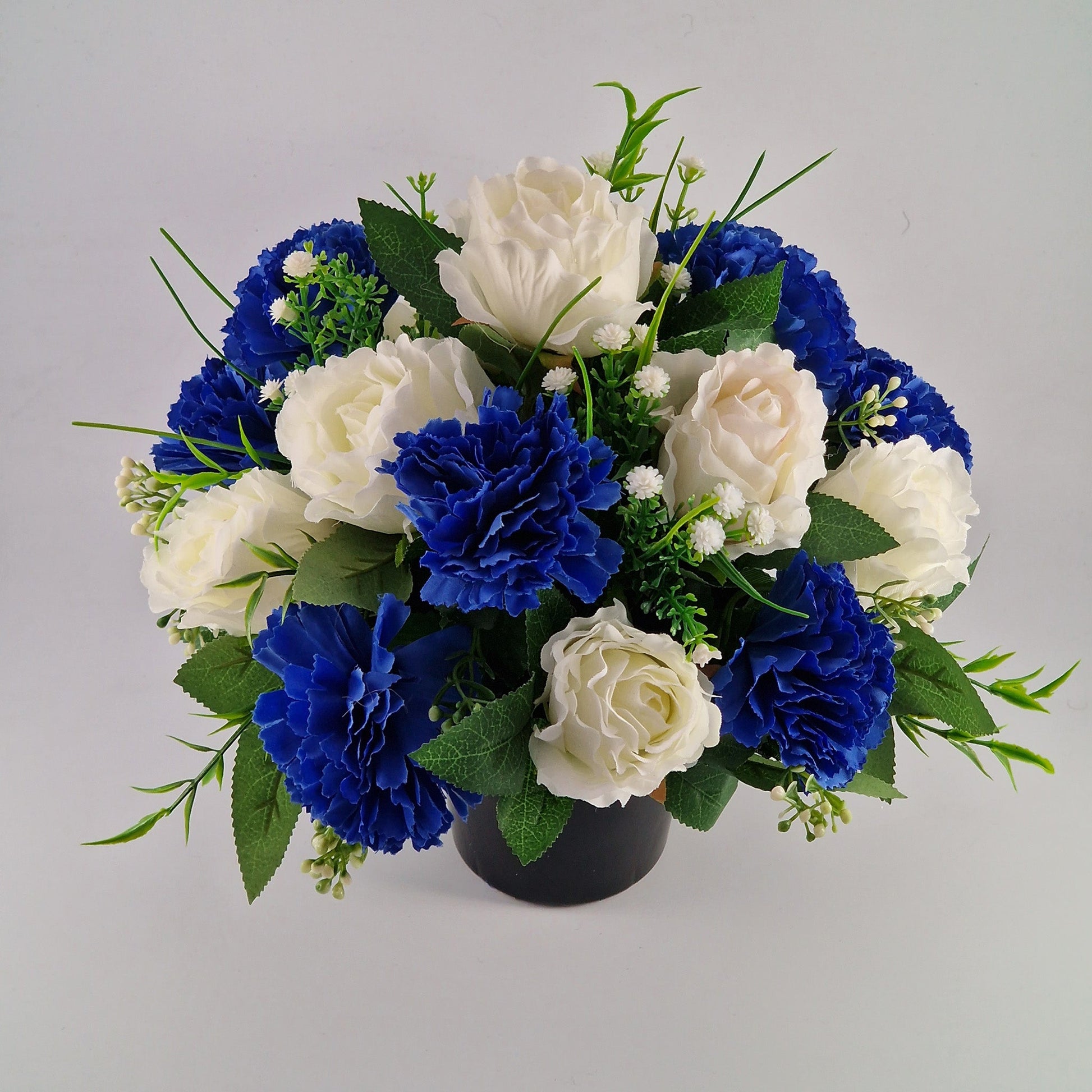 Grave Pot With Artificial Crinkle Rose an Carnation Memorial Pot- Blue & White - Amor Flowers