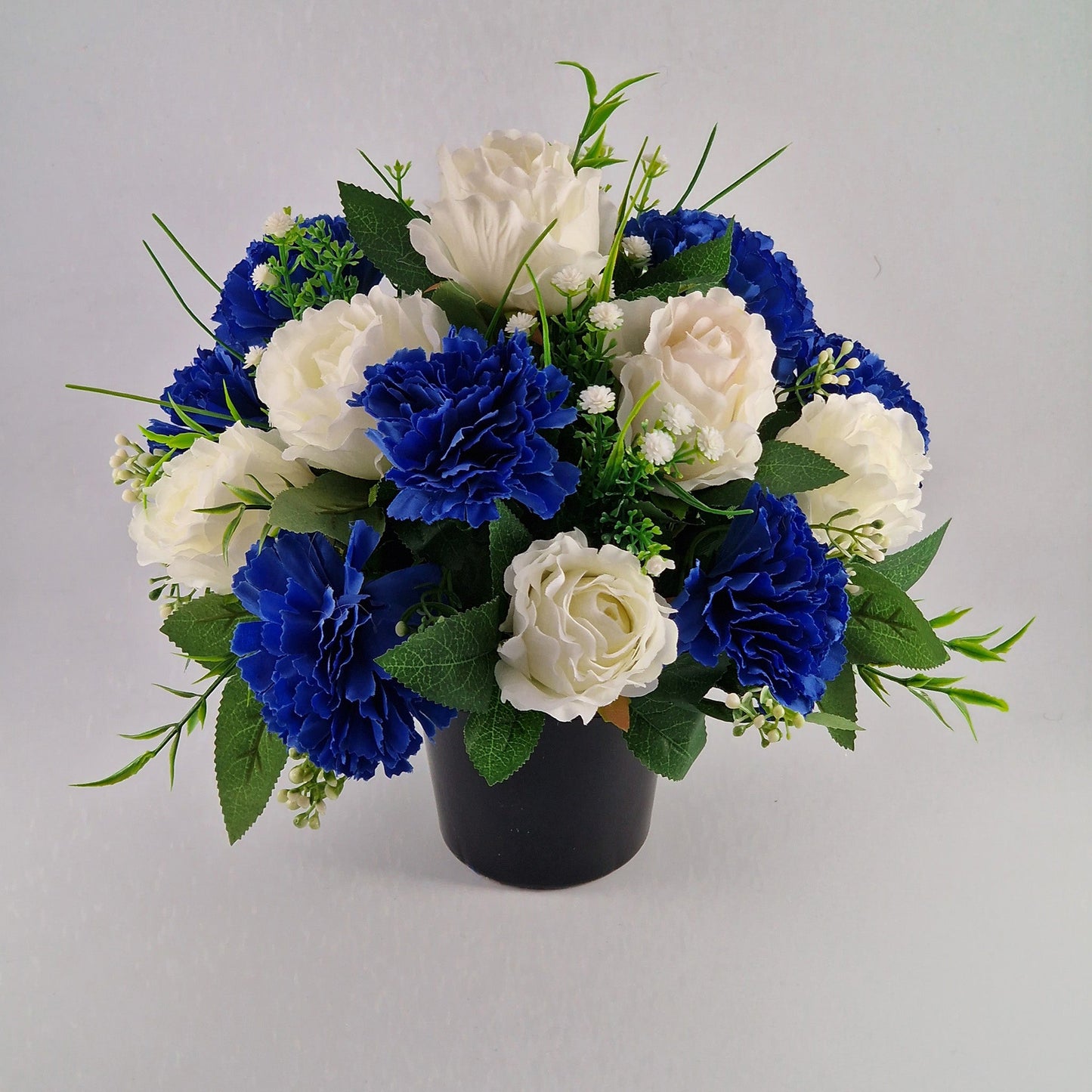 Grave Pot With Artificial Crinkle Rose an Carnation Memorial Pot- Blue & White - Amor Flowers
