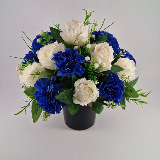 Grave Pot With Artificial Crinkle Rose an Carnation Memorial Pot- Blue & White - Amor Flowers