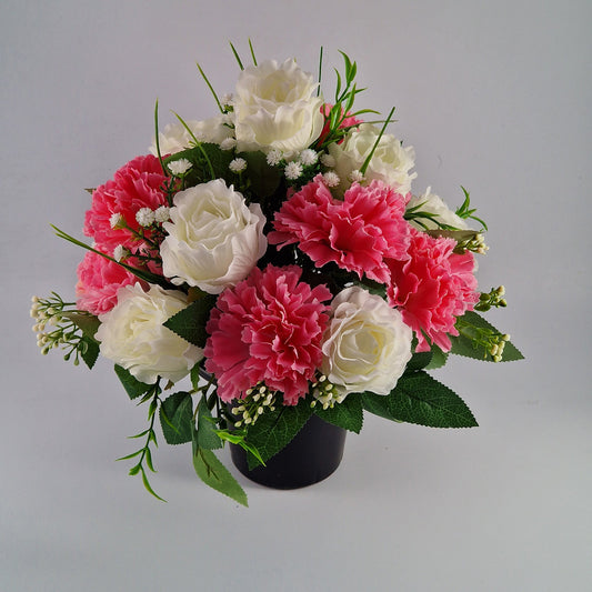 Grave Pot With Artificial Crinkle Rose an Carnation Memorial Pot- Pink & White - Amor Flowers