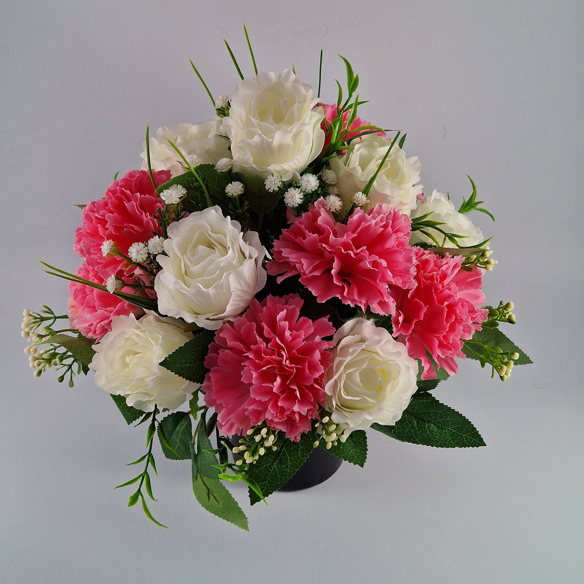 Grave Pot With Artificial Crinkle Rose an Carnation Memorial Pot- Pink & White - Amor Flowers