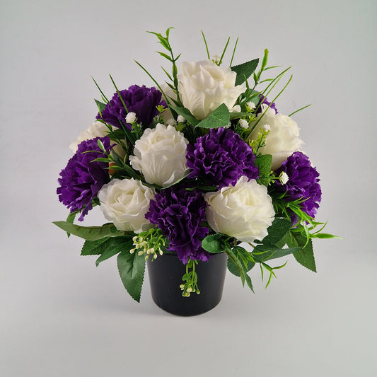 Grave Pot With Artificial Crinkle Rose an Carnation Memorial Pot- Purple & White - Amor Flowers